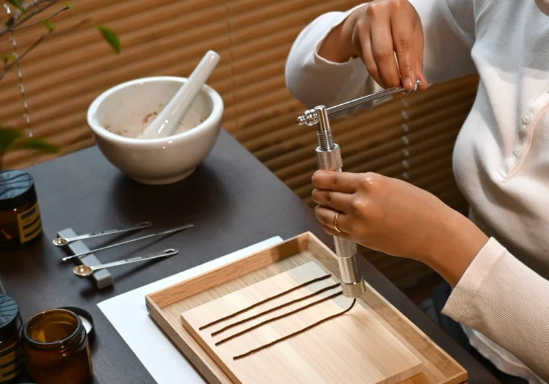押し出し器を使ってお香を細長く成形している様子